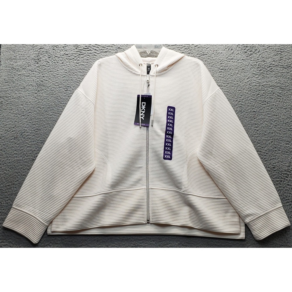 DKNY Hooded Jacket Womens XXL White Ribbed Soft Ottoman Tech Pockets DPMJ9667